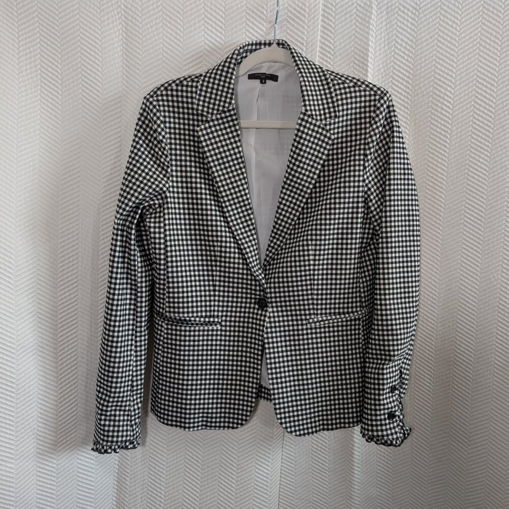 Simon Chang Black & White Blazer Gingham  Ruffle Trim Cuff Stretch Size 8 Office